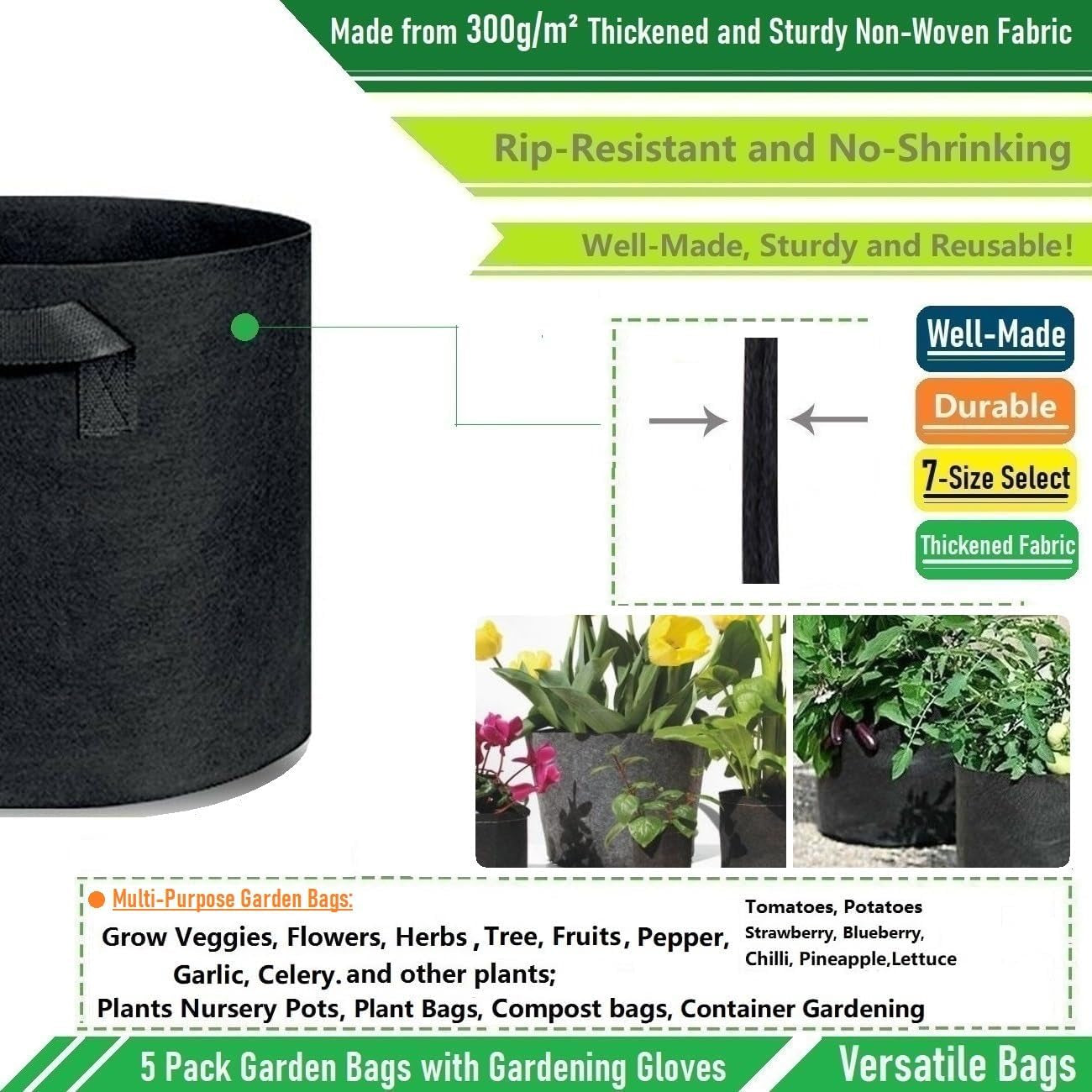 5-Pack 15 Gallon Thickened Plant Grow Bags (20X12 Inch) Nonwoven Fabric Plant Pots for Tomato,Potato Planter,Herbs Veggies Planter Bags,Garden Pot,Flower Pot,Barrel Planter,Garden Plant Bags W/ Gloves