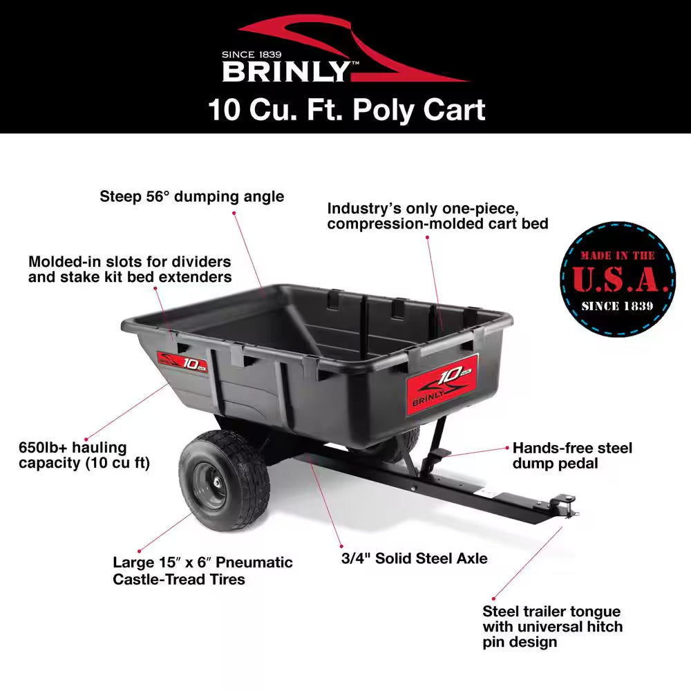 650 Lb. 10 Cu. Ft. Tow-Behind Lawn Mower Trailer Dump Cart with Compression-Molded Bed for Lawn Tractors and ZTR Mowers