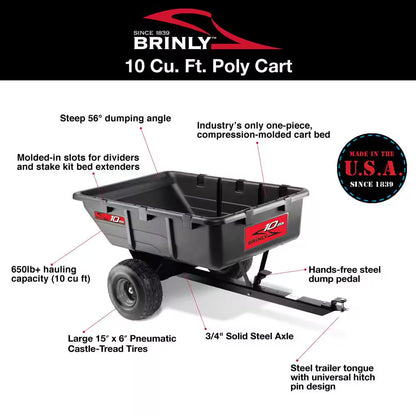 650 Lb. 10 Cu. Ft. Tow-Behind Lawn Mower Trailer Dump Cart with Compression-Molded Bed for Lawn Tractors and ZTR Mowers