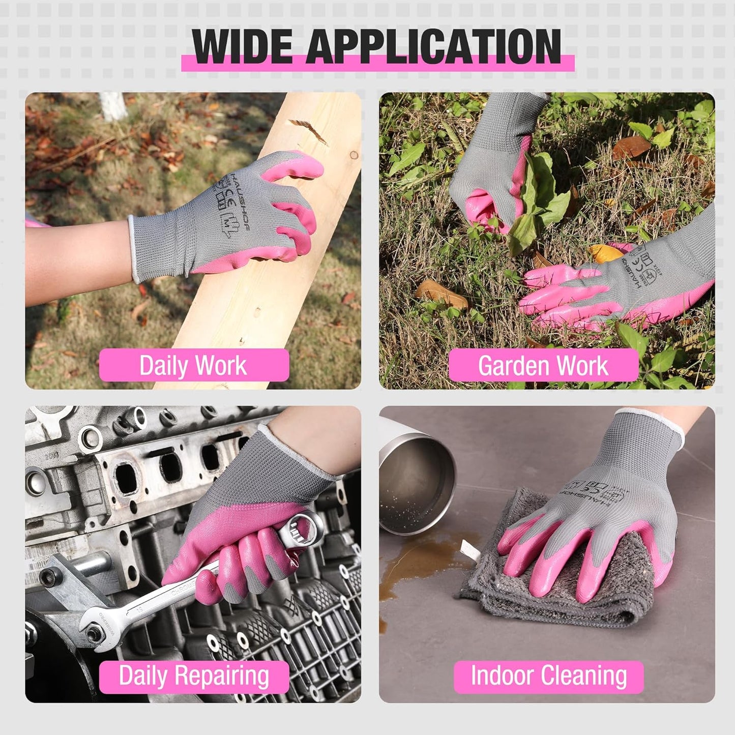 6 Pairs Garden Gloves for Women, Nitrile Coated Working Gloves, for Gardening, Restoration Work, Medium, Pink & Green, M