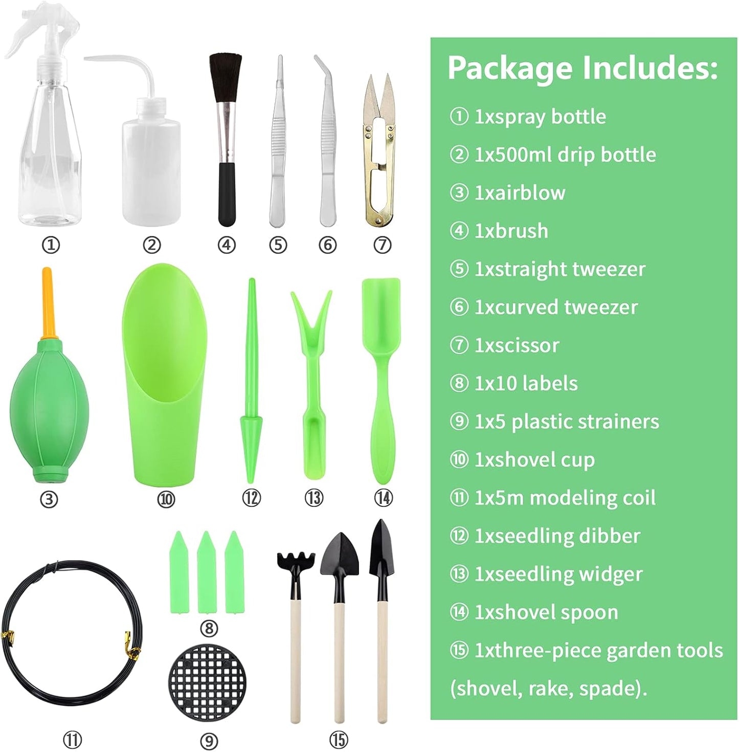 Succulent Tools Set 17 Pieces Mini Garden Hand Tools for Garden Plant Care, Green