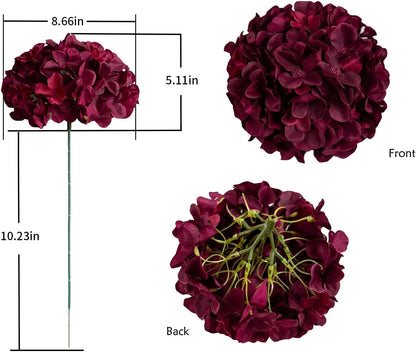 8.7" Silk Hydrangea Artificial Flower Heads with Stems Fake Hydrangeas Flowers for DIY Wedding Centerpiece Home Decor,Pack of 6 (Burgundy)