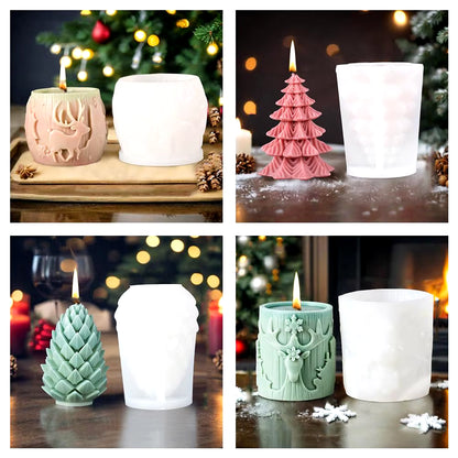 New Christmas Tree Carving Pattern Cylindrical Candle 3D Silicone Mold Reindeer Snowflake Cylindrical Elk Candle Mold