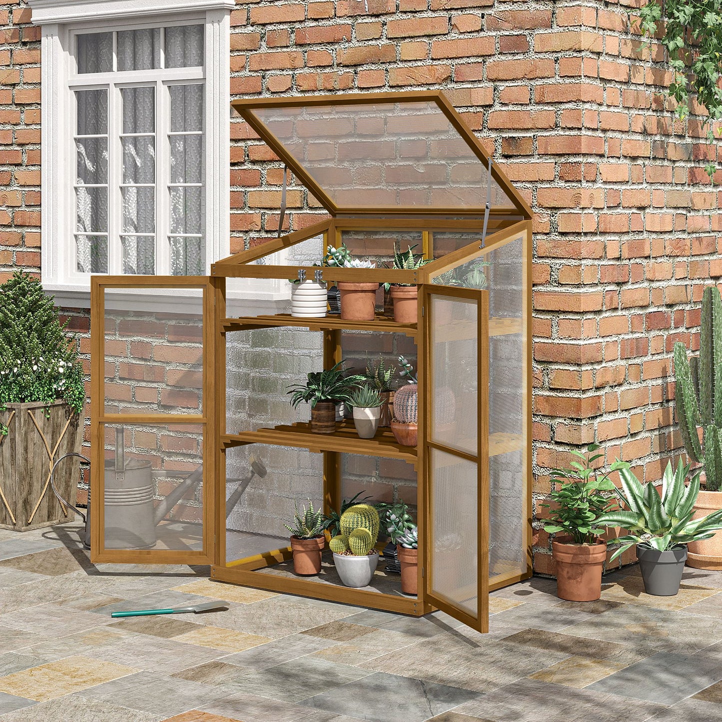 Fir Wood Garden Planter Greenhouse W/ Panels, Shelves, Brown