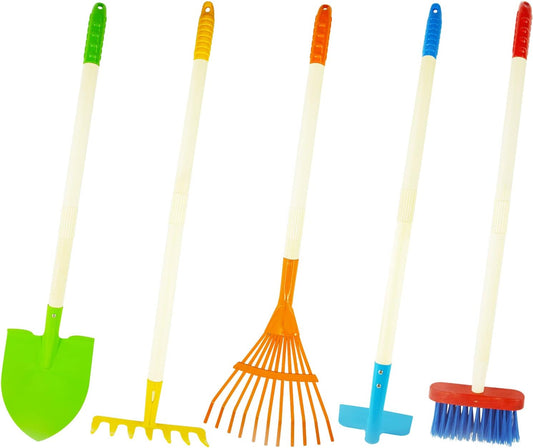 Kids Shovel, Rake for Leaves, Spade, Hoe and Broom, 5Pcs Kids Garden Tools, Gardening Yard Outdoor Toy Gifts for Boys Girls Age 3 4 5 6 7 8 Years Old