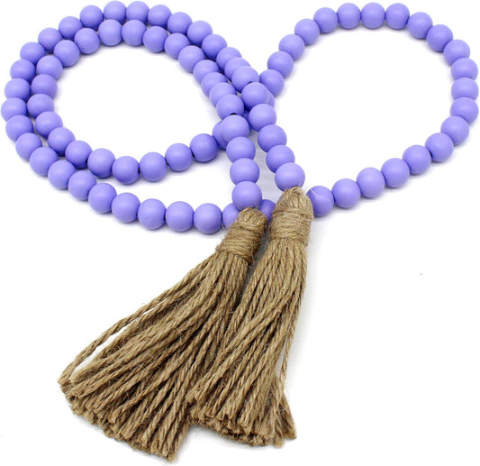 Rustic Wooden Bead Garland with Tassels - Farmhouse Style Wall Hanging Accent for Home and Festival Decor in Purple