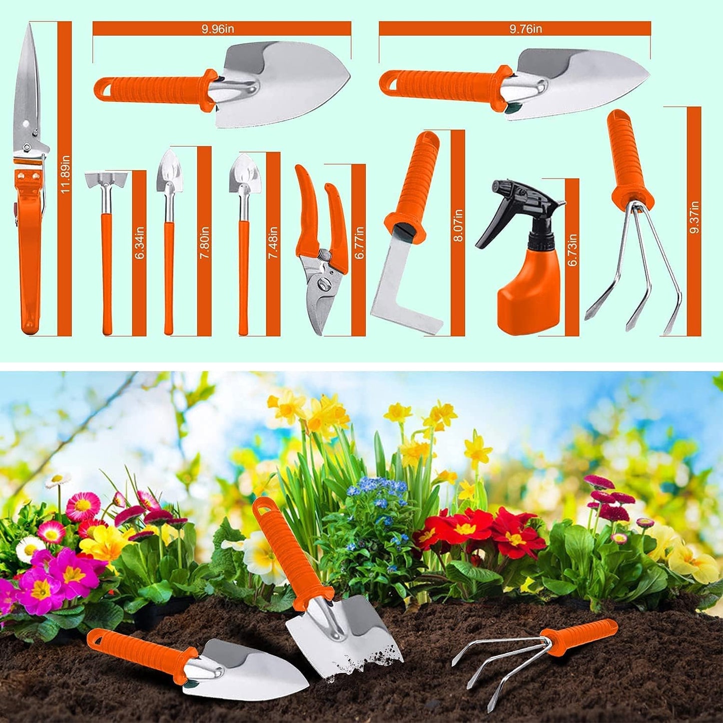 Garden Tools Set,13 Pieces Stainless Steel Gardening Hand Tool,Garden Gifts for Women Men Gardener,Ergonomic Handle Trowel Rake Weeder Pruner Shears Sprayer, Garden Hand Tools with Carrying Case