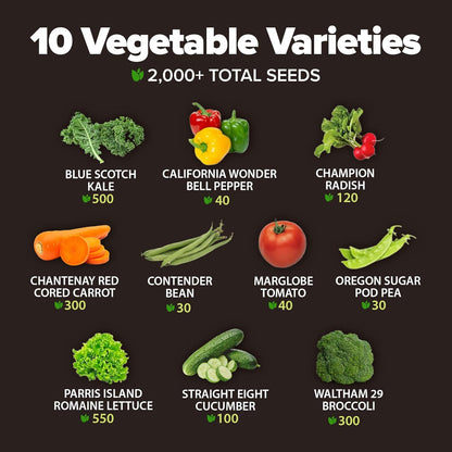 2,000+ Vegetable Seeds for Planting - 10 Heirloom Seeds for Planting Vegetables Indoors or Outdoors: Non-Gmo Kale, Lettuce, Tomato, Broccoli, Beans, Peas, Bell Peppers - Home Garden Survival Seeds