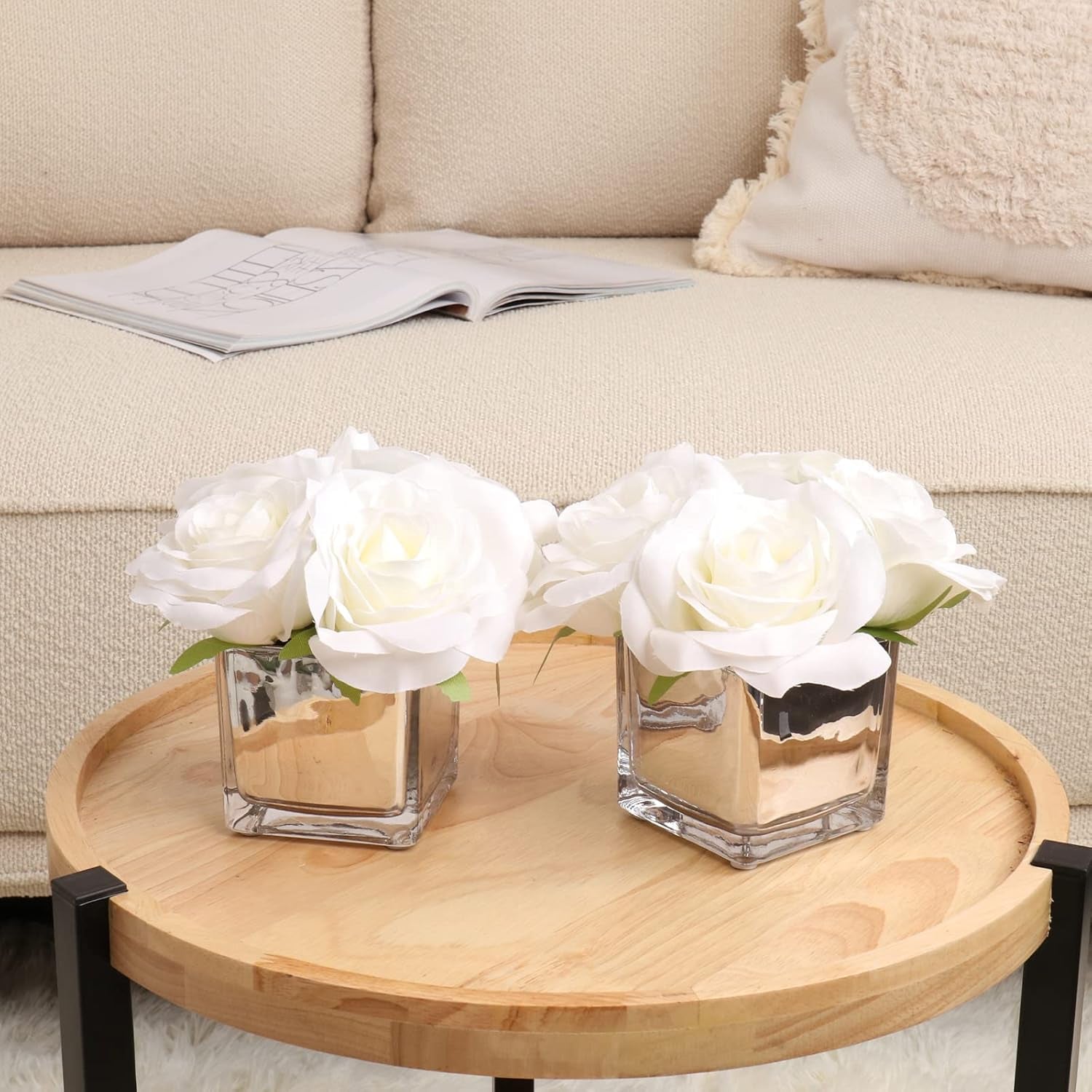 2 Pack Fake Flowers with Vase, Silk Roses Artificial Flowers in Vase, Faux Flower Arrangement with Vase Suitable for Home Office Decoration, Dining Table Centerpiece