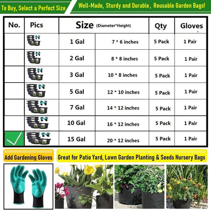 5-Pack 15 Gallon Thickened Plant Grow Bags (20X12 Inch) Nonwoven Fabric Plant Pots for Tomato,Potato Planter,Herbs Veggies Planter Bags,Garden Pot,Flower Pot,Barrel Planter,Garden Plant Bags W/ Gloves