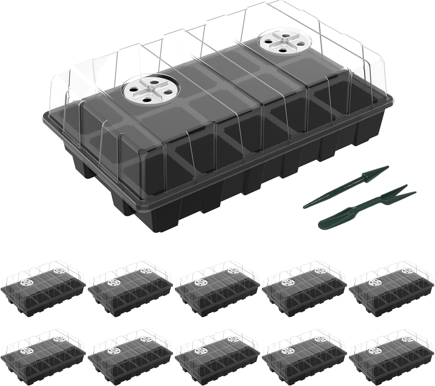 10-Set Garden Propagator Set, Seed Tray Kits with 150-Cell, Seed Starter Tray with Dome and Base 15" X 9" (15-Cell per Tray)