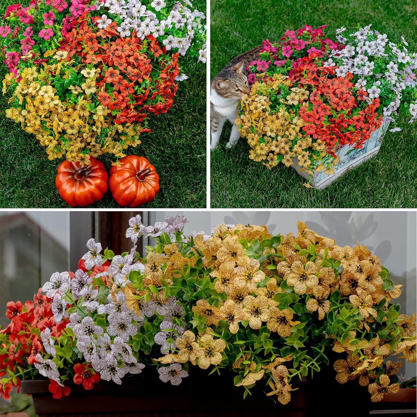 Artificial Fall Flowers for Outdoors Fake Mums - 16 Bundles Faux Plants outside Greenery Boxwood No Fade Plastic Shrubs Decor Farmhouse Home Garden Thanksgiving (Yellow)