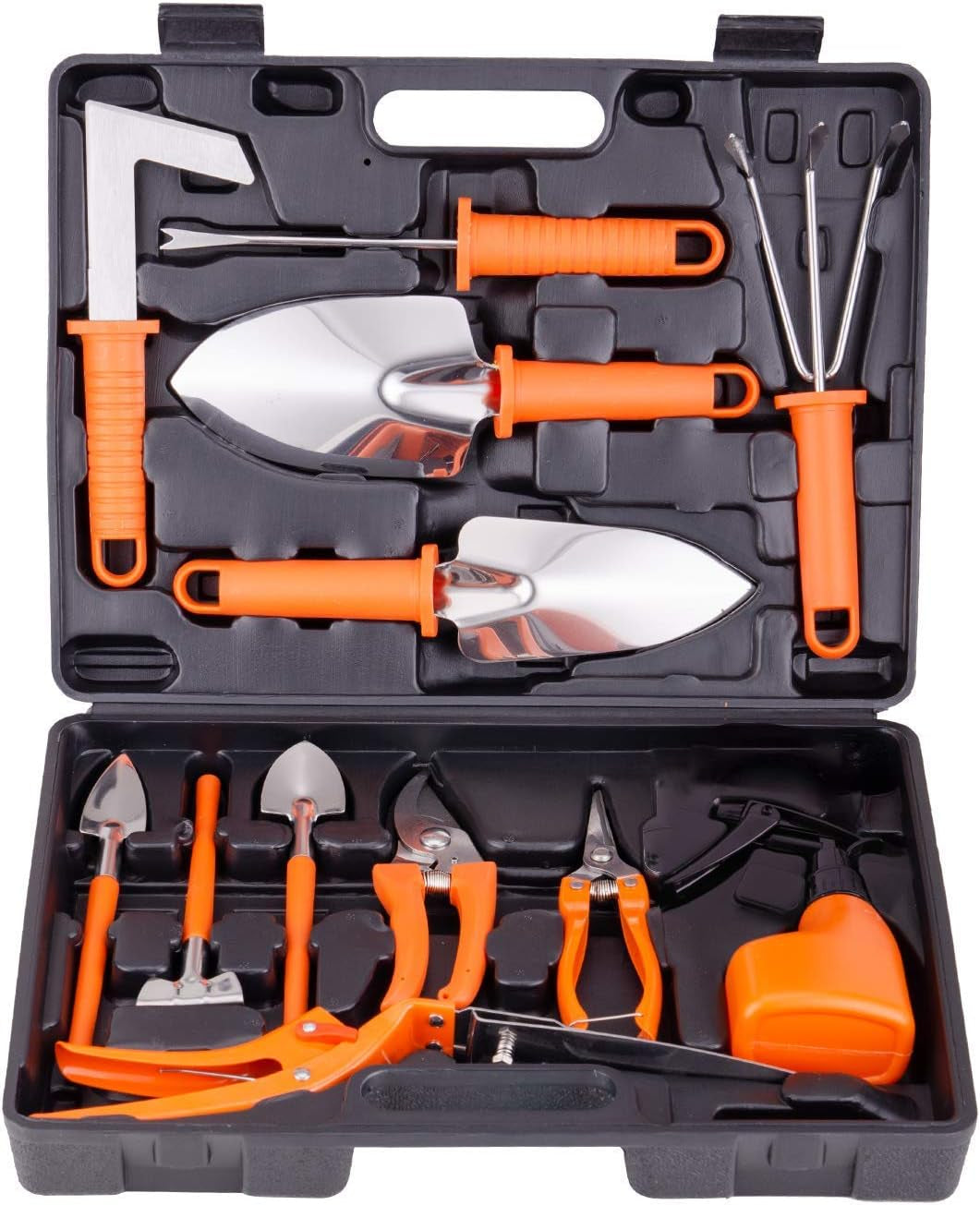 Garden Tools Set,13 Pieces Stainless Steel Gardening Hand Tool,Garden Gifts for Women Men Gardener,Ergonomic Handle Trowel Rake Weeder Pruner Shears Sprayer, Garden Hand Tools with Carrying Case