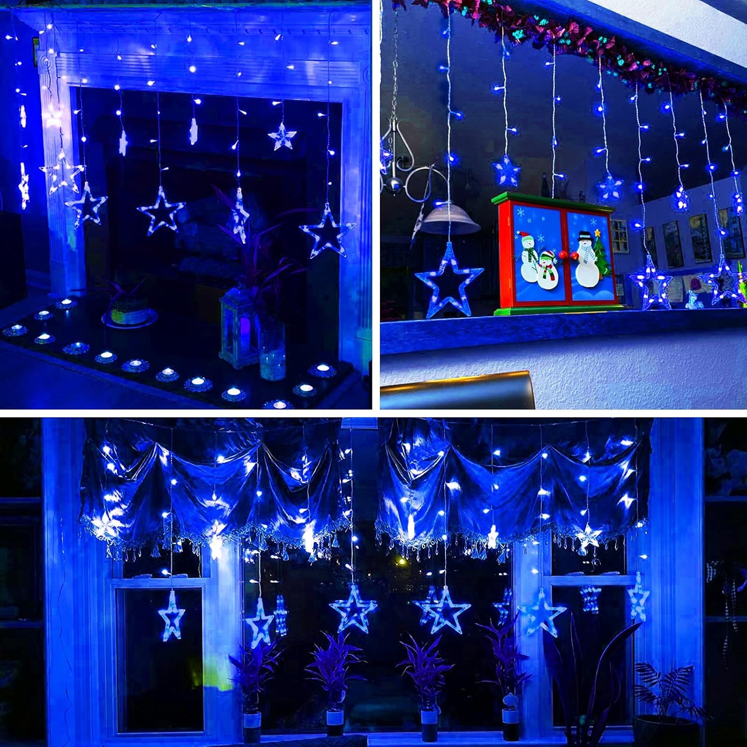 12 Stars 138 LED Christmas Star Lights, Curtain String Lights Plug in for Bedroom Wall Decor with 8 Lighting Modes, Waterproof Window Ramadan Decorations Wedding Garden Christmas Decorations (Blue)