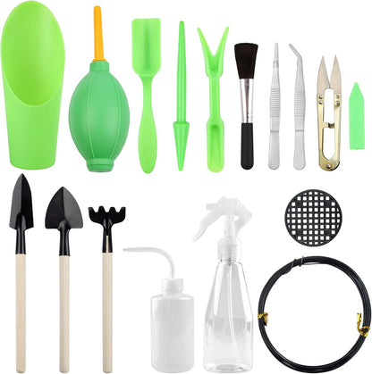 Succulent Tools Set 17 Pieces Mini Garden Hand Tools for Garden Plant Care, Green