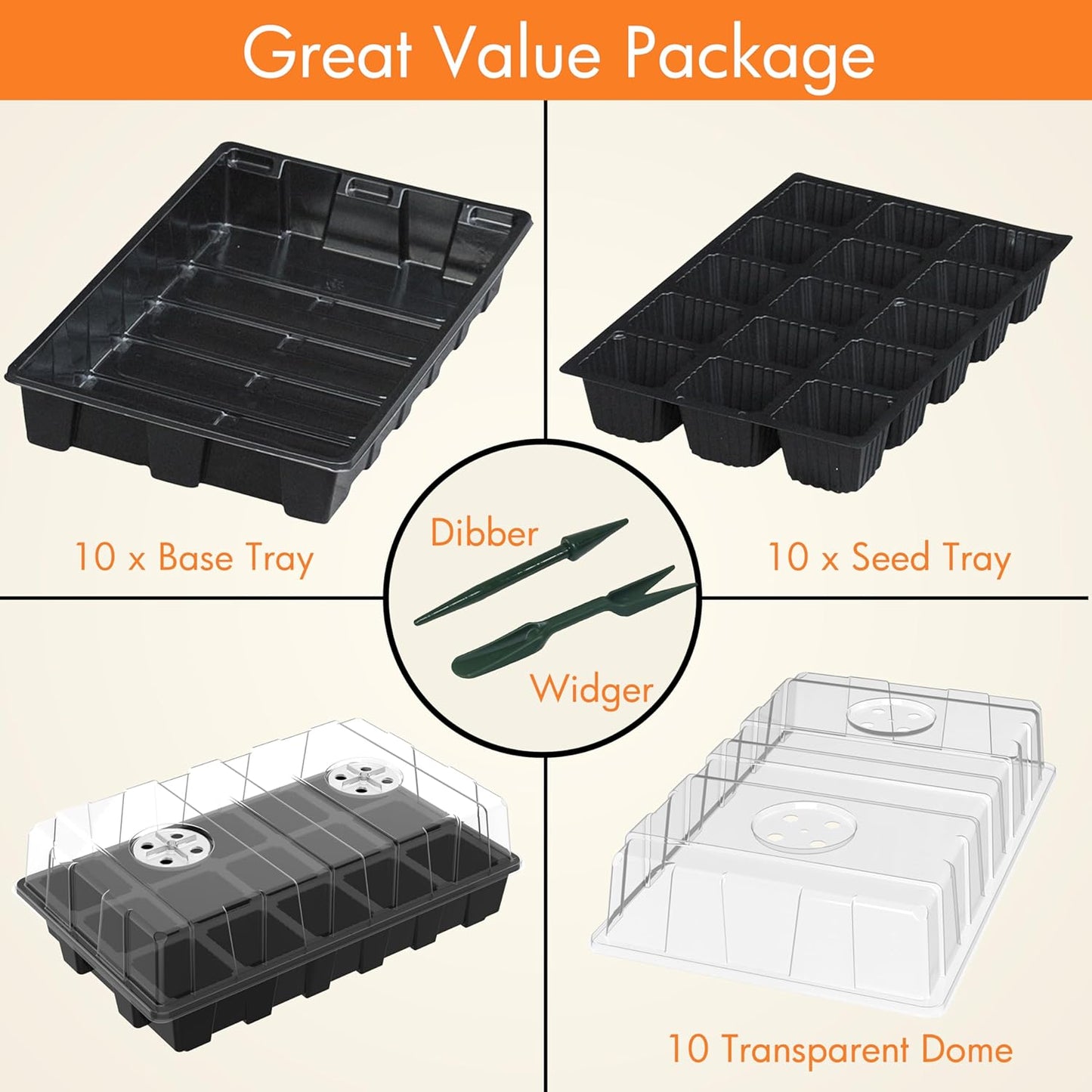 10-Set Garden Propagator Set, Seed Tray Kits with 150-Cell, Seed Starter Tray with Dome and Base 15" X 9" (15-Cell per Tray)