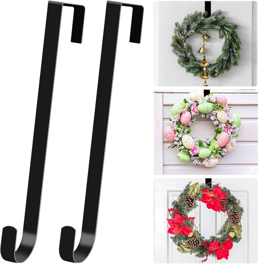 12" Wreath Hangers for Front Door, over the Door Wreath Hooks Hanger, Black Metal Front or Back Door Wreath Holder Hanger Hooks for Hanging Halloween Christmas Front Door Decor Wreath, 2 Pack