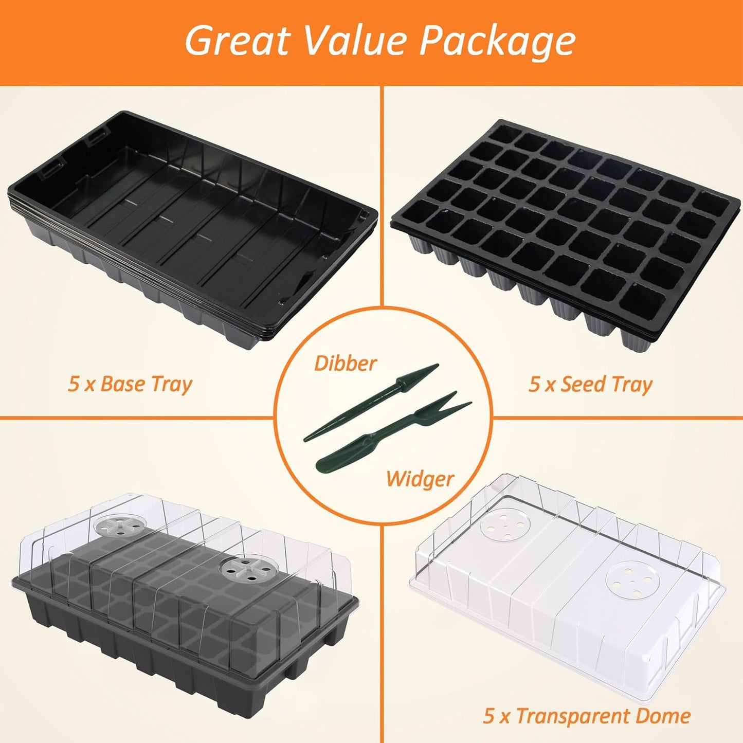 5-Set Seed Starter Tray Kits, Plant Germination Trays, Seed Starting Trays with Dome and Base (40-Cell per Tray)