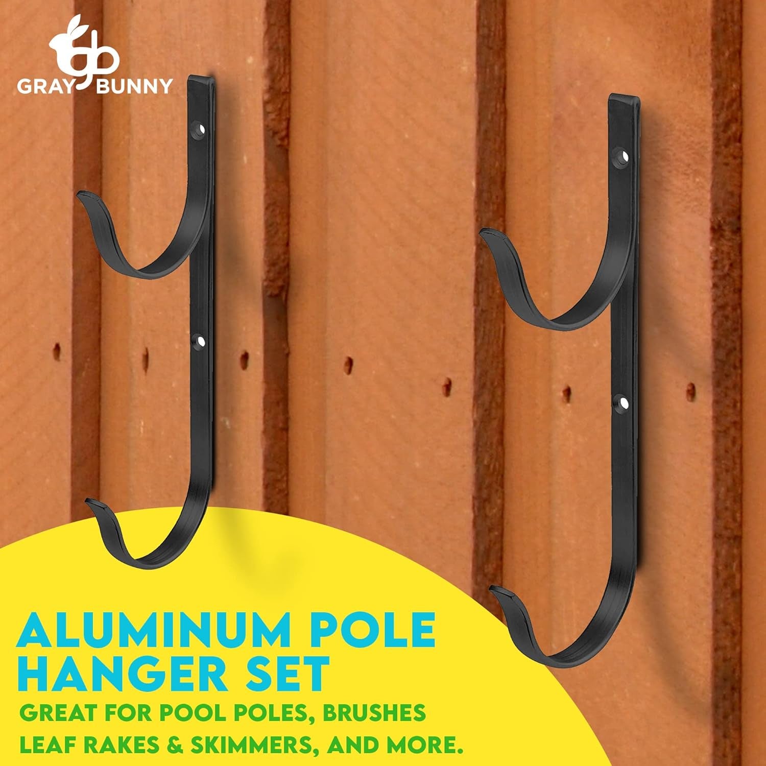 Pool Pole Hanger, 2 Piece Black Premium Aluminum Swimming Pool Accessories Hook Set, for Telescopic Poles, Skimmers, Leaf Rakes, Nets, Brushes, Vacuum Hose, Garden Tools