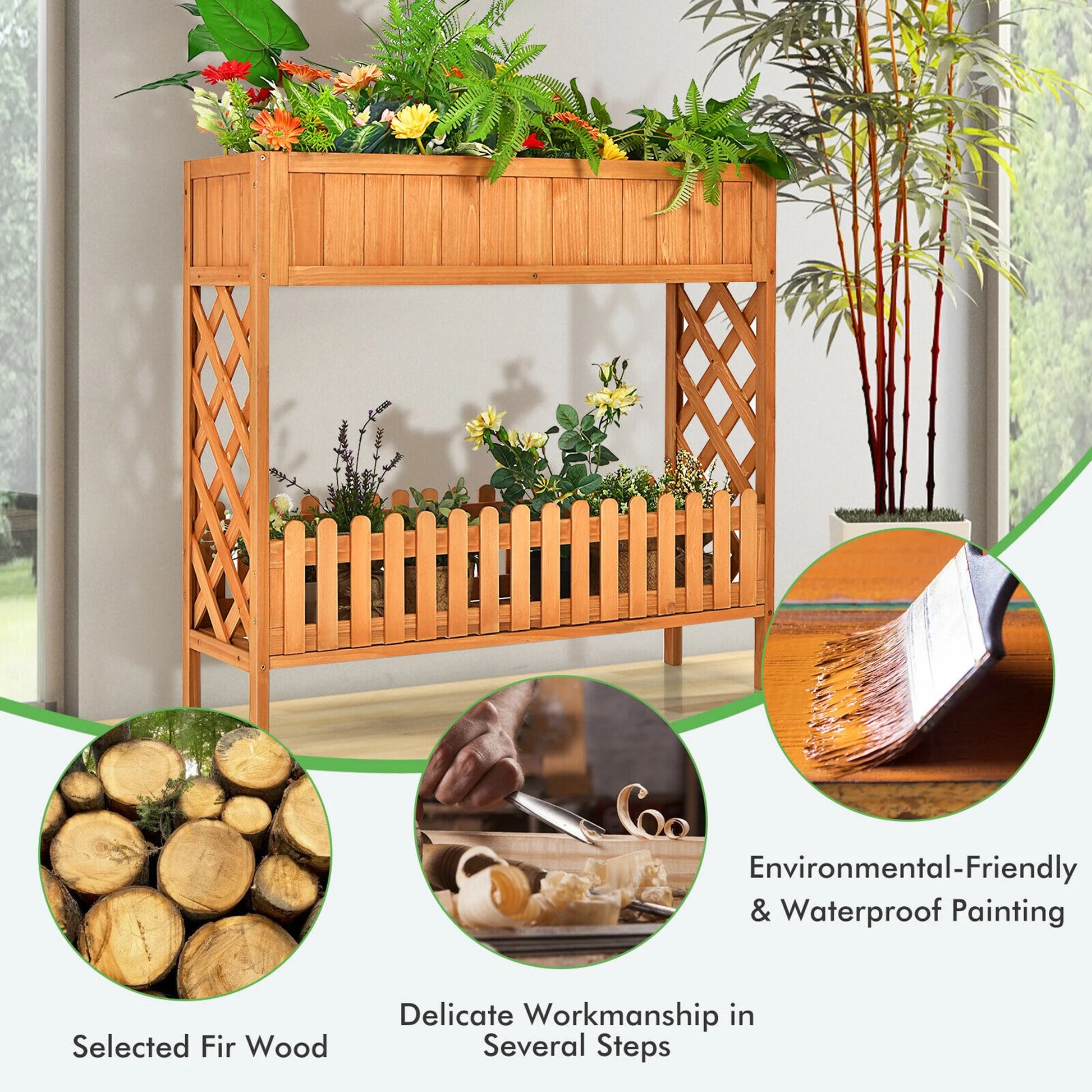 2-Tier Raised Garden Bed Elevated Wood Planter Box for Vegetable Flower Herb