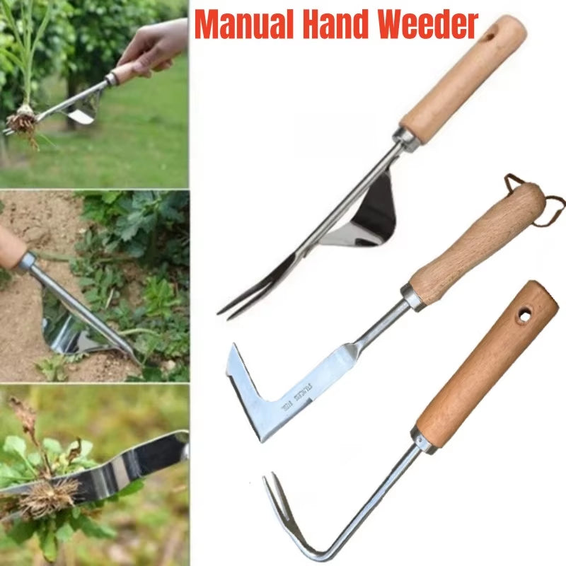 Stainless Steel Wood Handle Garden Weeder Hand Weeding Removal Cutter Puller Tools Multifunction Weeder Transplant Garden Tools