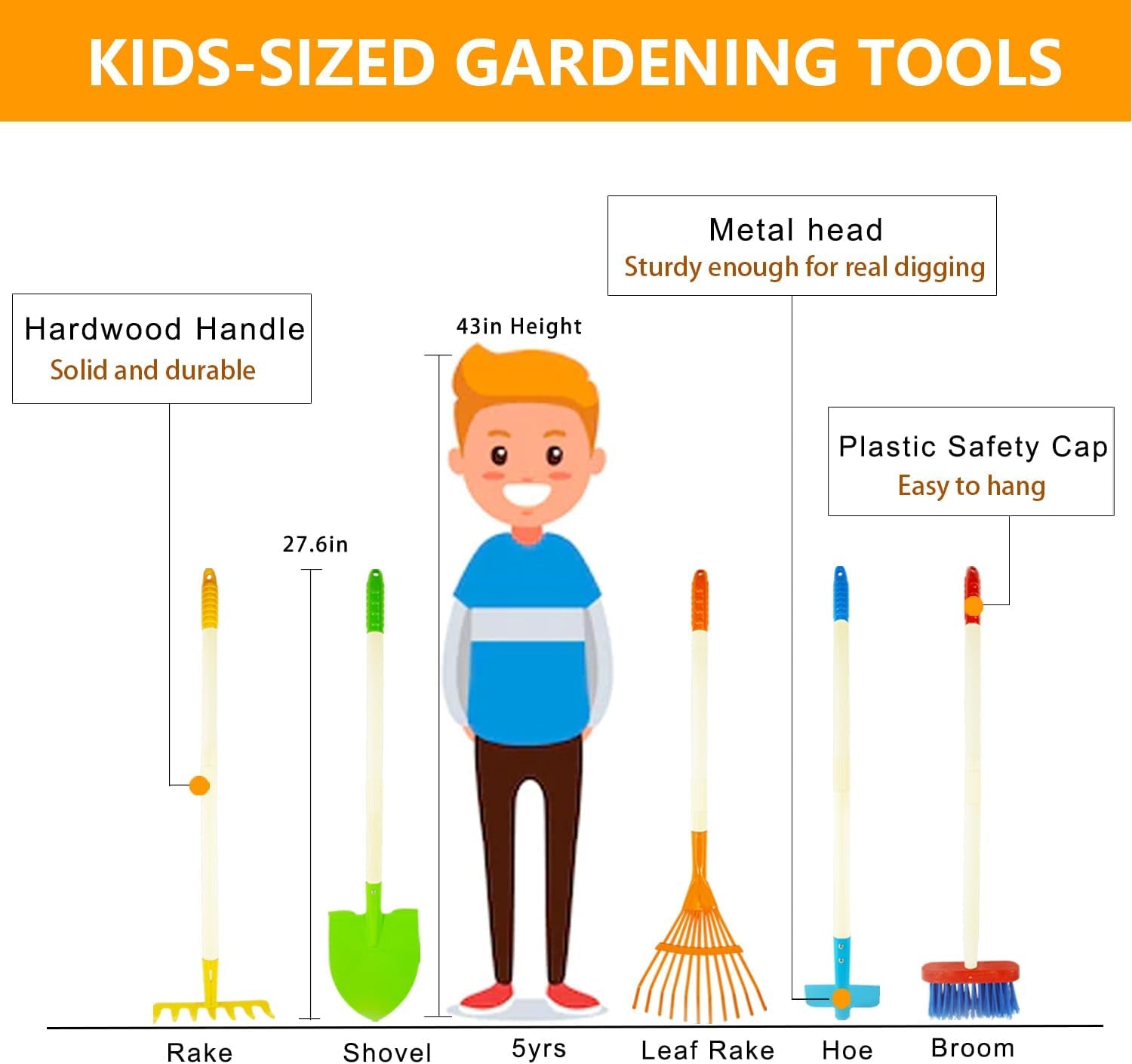 Kids Shovel, Rake for Leaves, Spade, Hoe and Broom, 5Pcs Kids Garden Tools, Gardening Yard Outdoor Toy Gifts for Boys Girls Age 3 4 5 6 7 8 Years Old