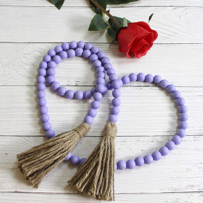 Rustic Wooden Bead Garland with Tassels - Farmhouse Style Wall Hanging Accent for Home and Festival Decor in Purple